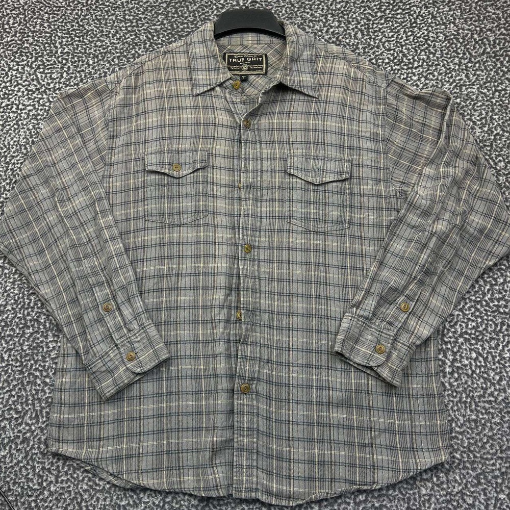 True Grit Button Up Shirt Men Large Flannel Plaid Long Sleeve Collared Cotton L